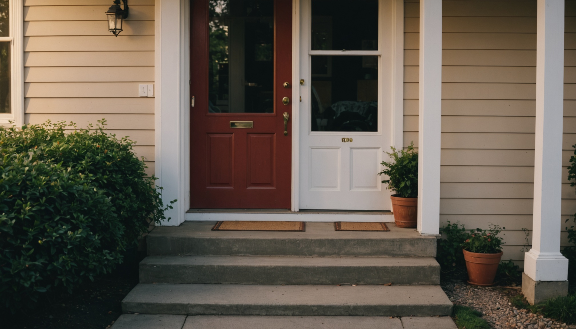 A front entrance of a house with a burgundy front door and white side door on a covered porch, bordered by beige siding, white trim, potted plants, shrubs, and concrete steps leading to the patio.