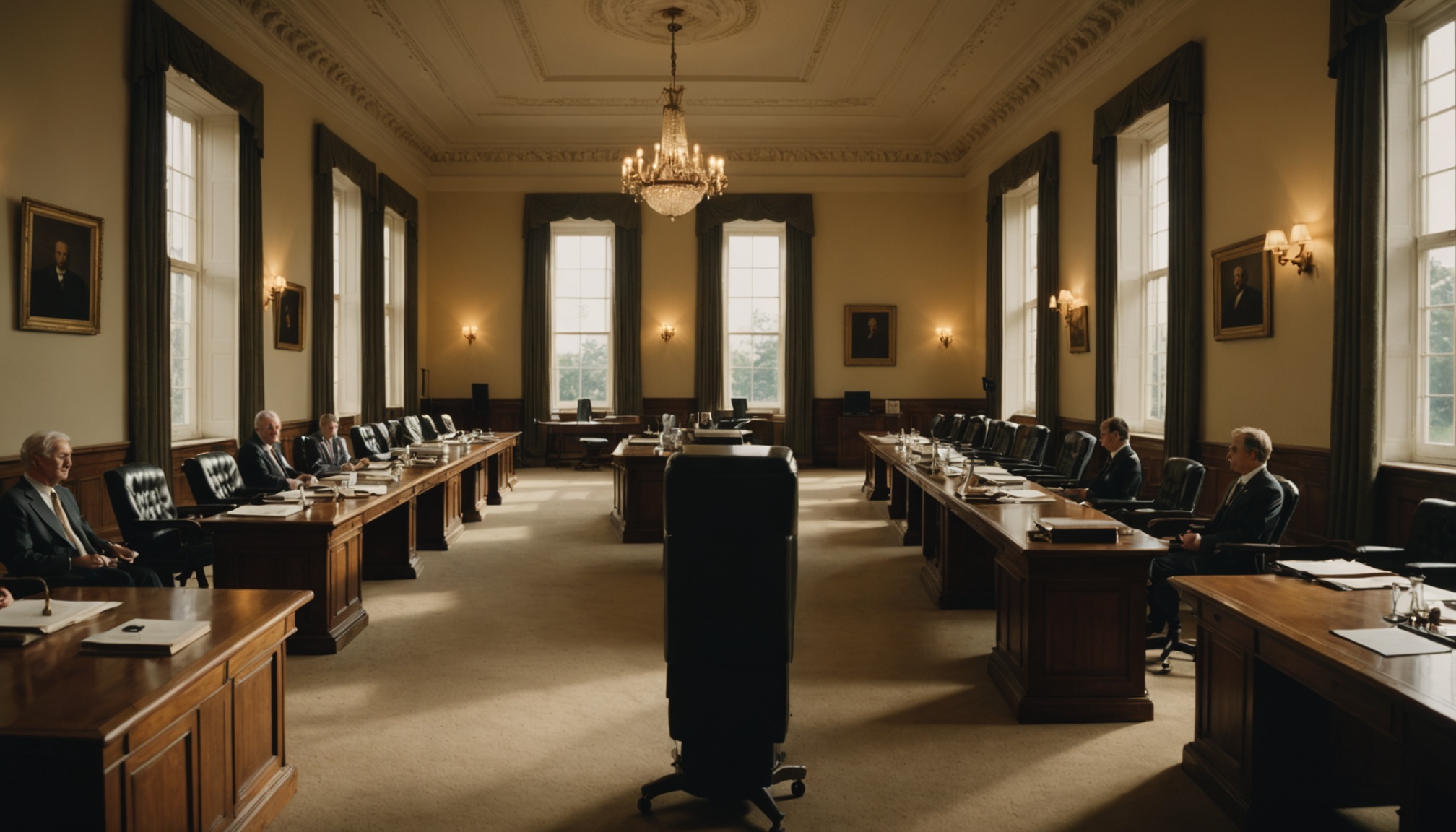 A formal government or boardroom featuring two long wooden tables with black chairs facing each other, crystal chandelier, cream walls with dark green trim, tall windows with natural light, portraits on walls, and documents on the tables.
