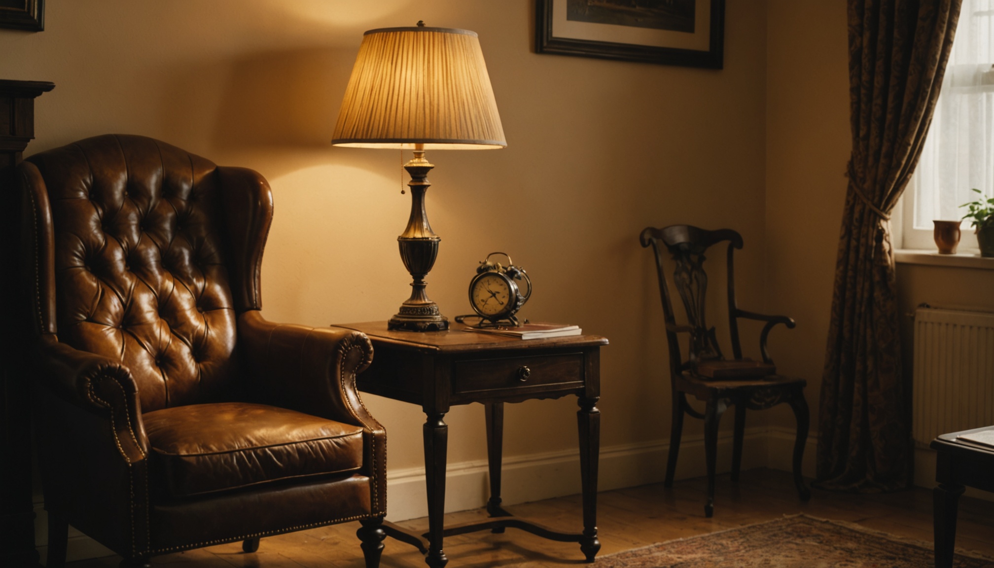 A brown leather wingback armchair sits beside a dark wooden side table with a brass table lamp, vintage alarm clock, and magazine; a wooden chair visible across the room in a beige-walled study with warm lighting.