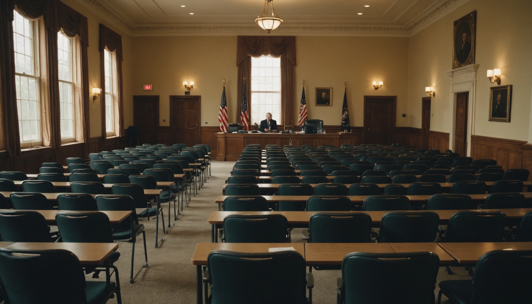 A courtroom interior with rows of green chairs and wooden desks facing an elevated judge's bench, with American flags, large windows with draped curtains, portrait paintings, wall sconces, and a man in a suit seated at the bench.