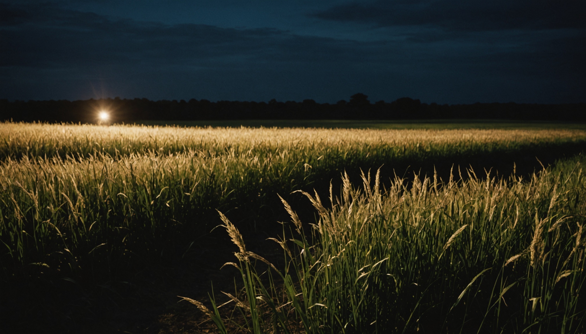 A vast grain field illuminated by moonlight at dusk, with golden wheat or barley stalks in the foreground and a dark tree line visible along the horizon under a deep blue twilight sky.