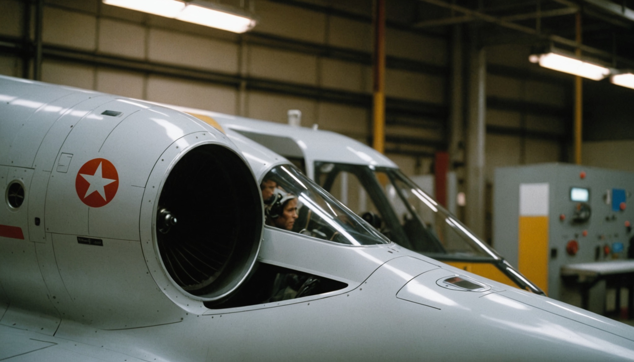 White aircraft with red star insignia in an industrial hangar, viewed from the side with two people visible in the cockpit and control panel equipment on the right wall.