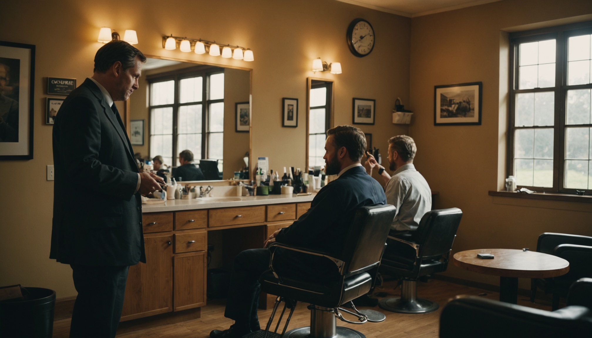 A barber shop interior with warm gold walls, where a barber in a dark blazer stands at a mirror-backed counter speaking to two men seated in black chairs, with framed pictures on the walls, a clock above the mirror, and windows showing daylight.