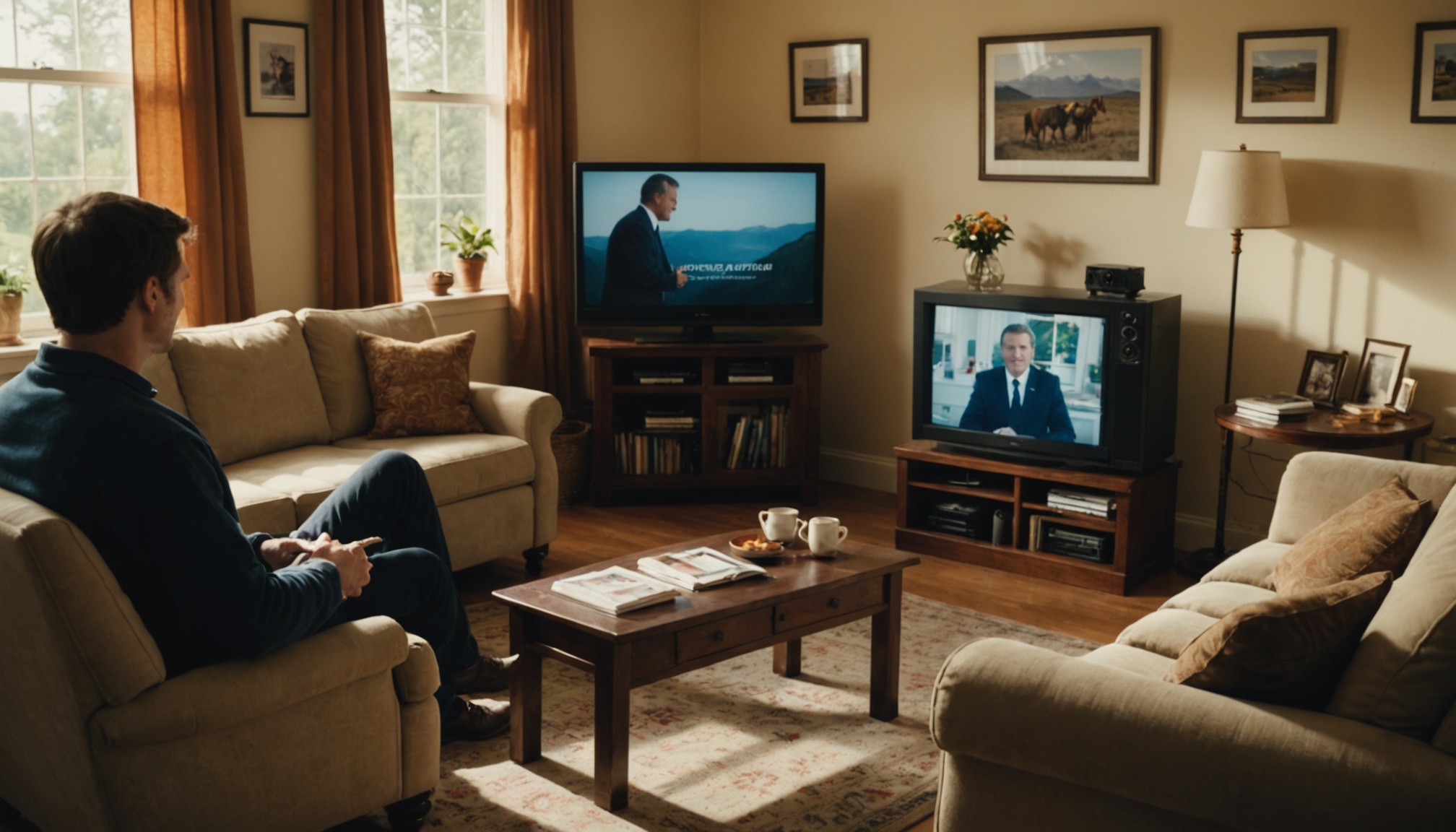 A man sits in a beige armchair in a warmly lit living room watching two televisions displaying men in suits, with framed landscape photographs on yellow walls, wooden furniture, and sunlight streaming through windows with orange curtains.