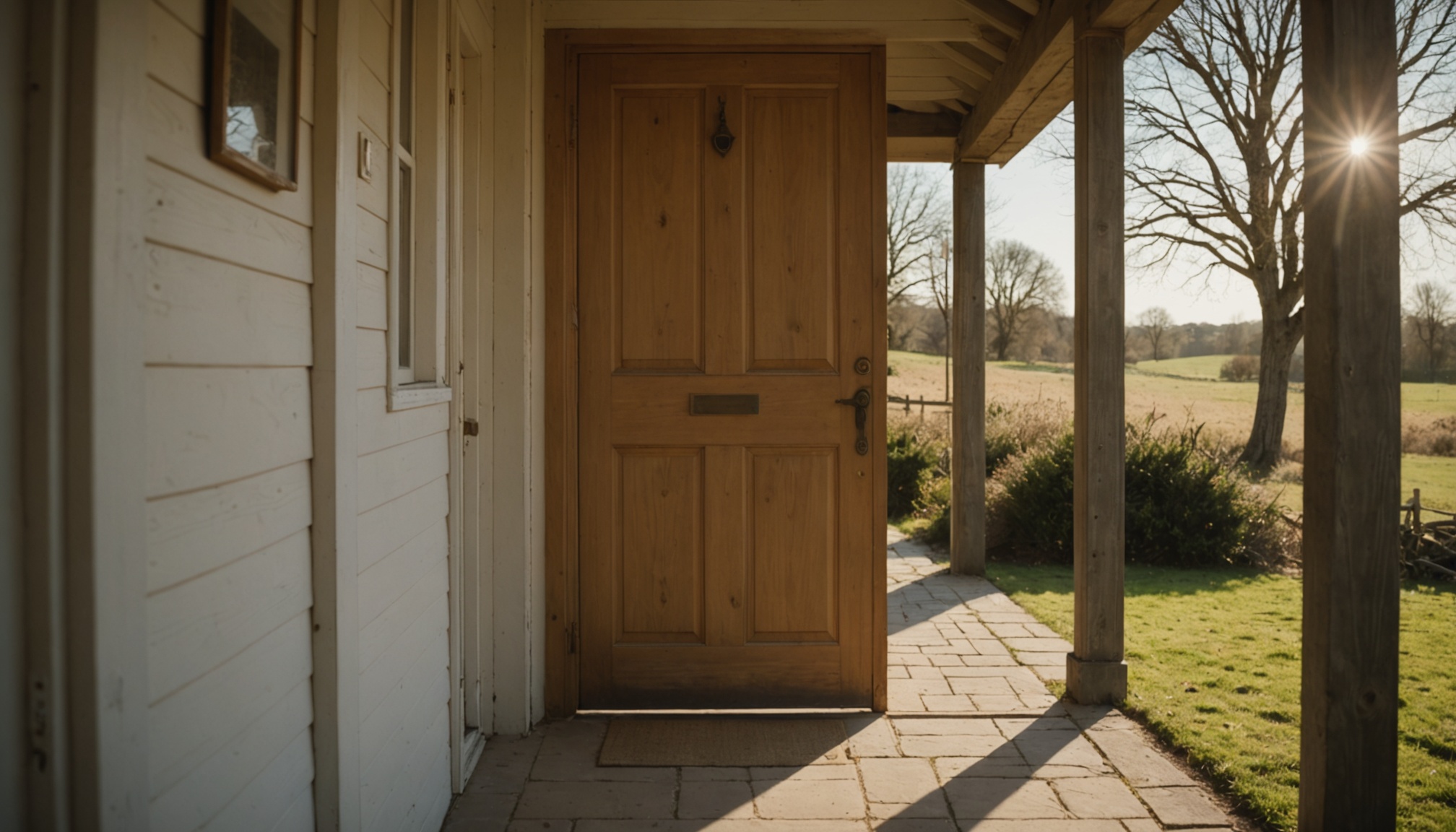 A covered porch with wooden columns frames a brown wooden front door and white paneled wall, opening onto a brick patio with rural fields and bare trees visible beyond.