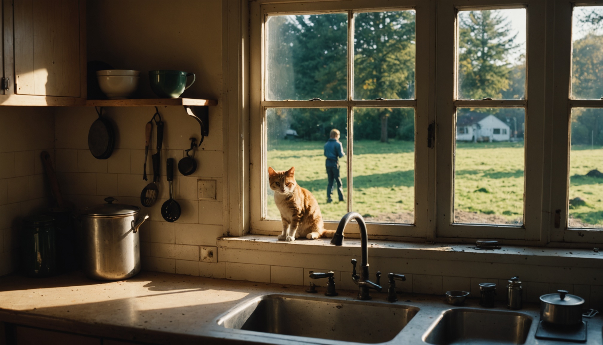 A rustic kitchen with a view through large windows where an orange and white cat sits on the windowsill, with a child and farm buildings visible outside in a grassy field.