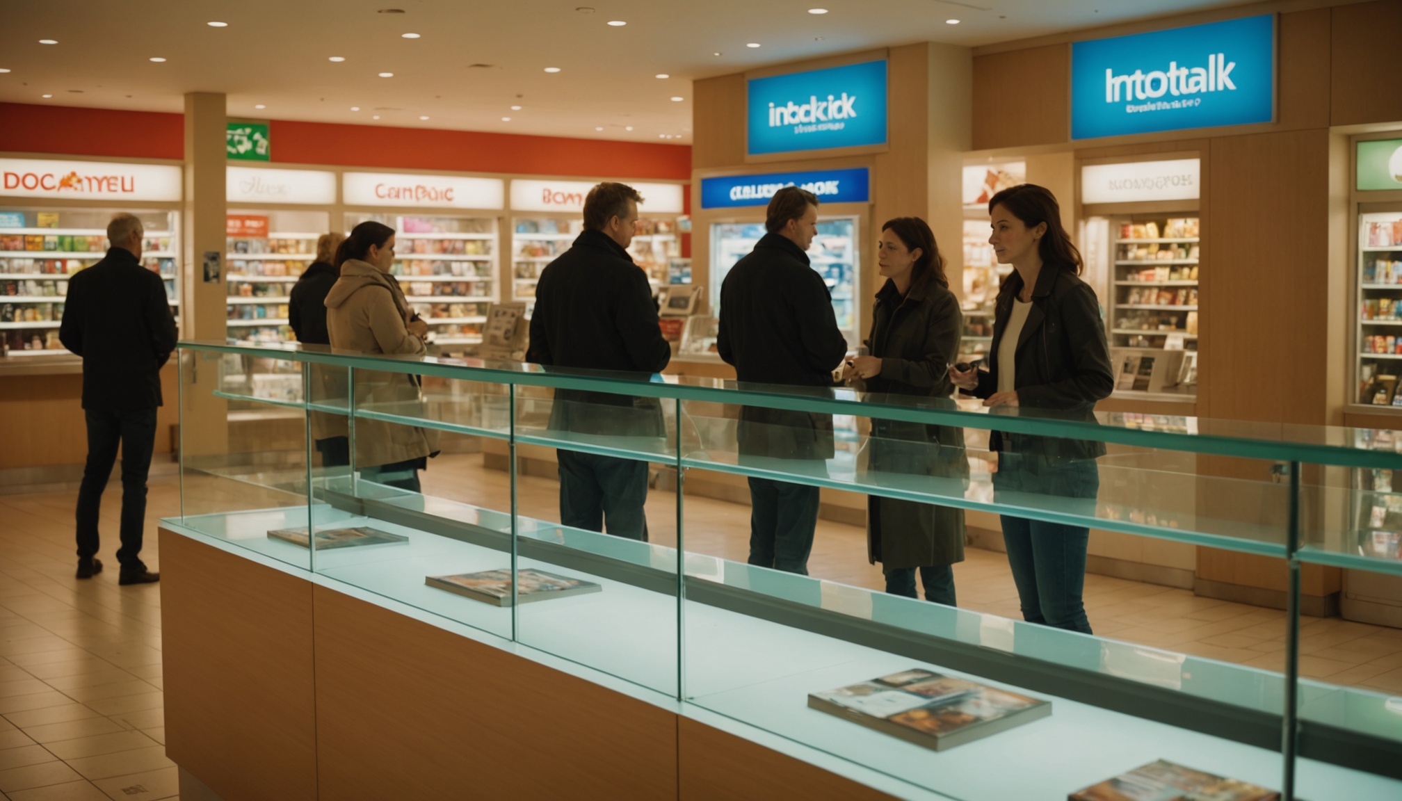 Interior of a pharmacy or medical store with customers and staff at a counter, glass display cases with products, recessed ceiling lights, beige and blue signage, and shelving with merchandise in the background.