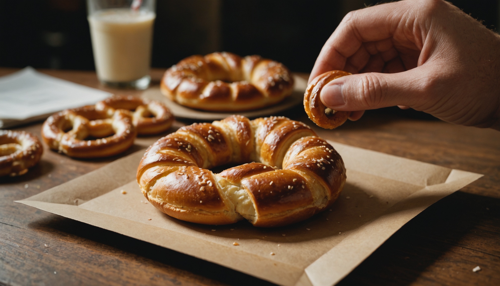 Hand reaching for a pretzel with coarse salt on parchment paper, with more pretzels and a glass of milk on a wooden table in soft natural lighting.
