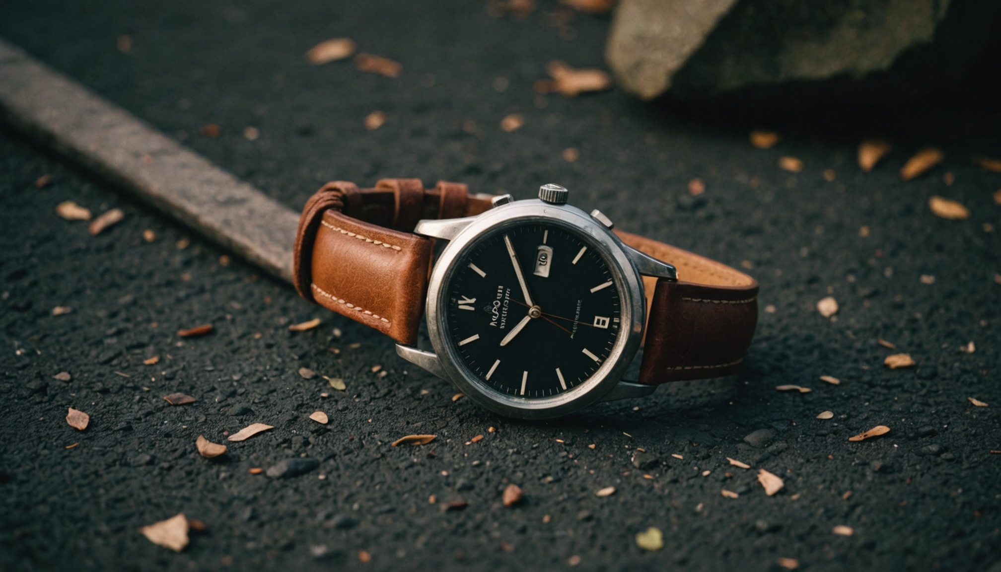 A silver-cased wristwatch with a black dial and brown leather strap lies on dark asphalt scattered with small debris and plant material, with a gray line visible in the background.