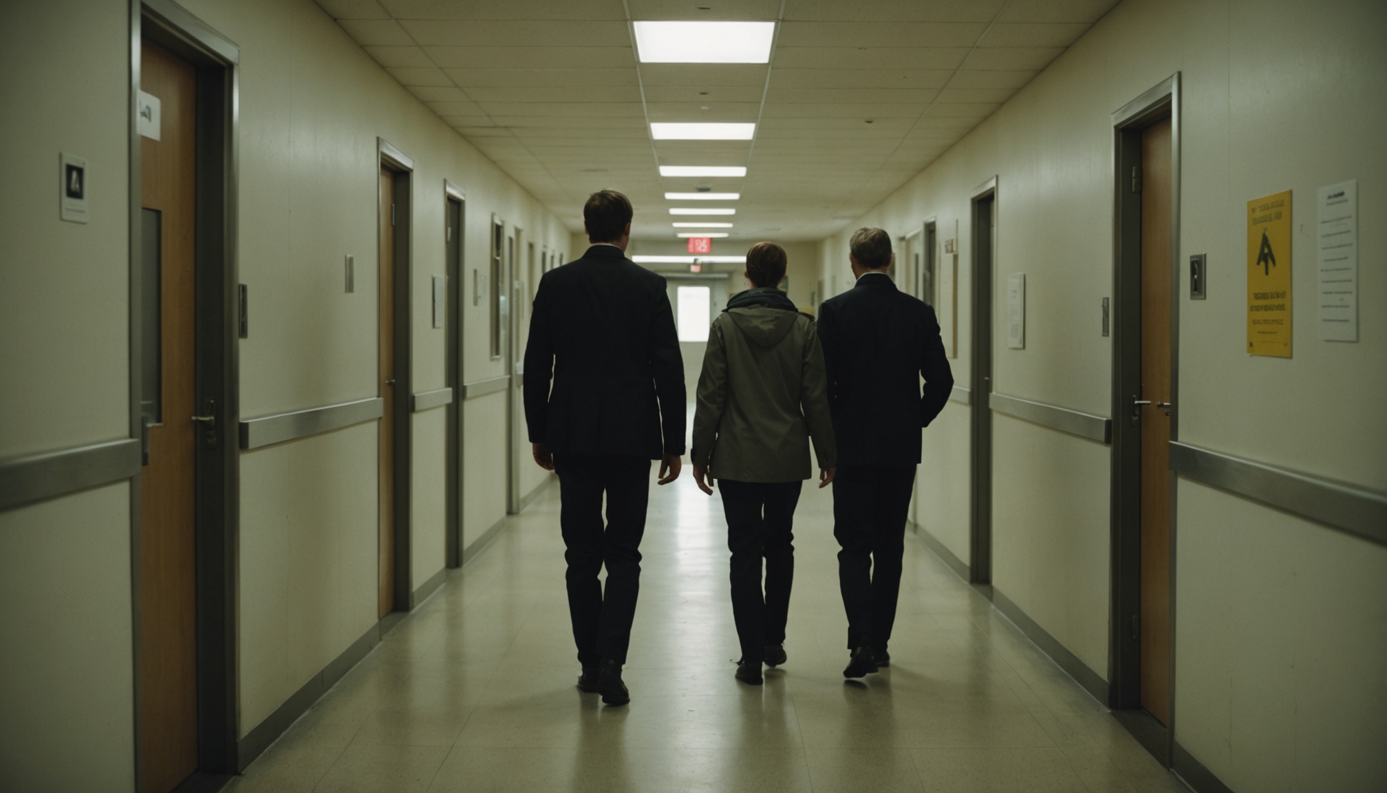 Three people walking away down a fluorescent-lit institutional hallway lined with numbered doors and signage on both sides.