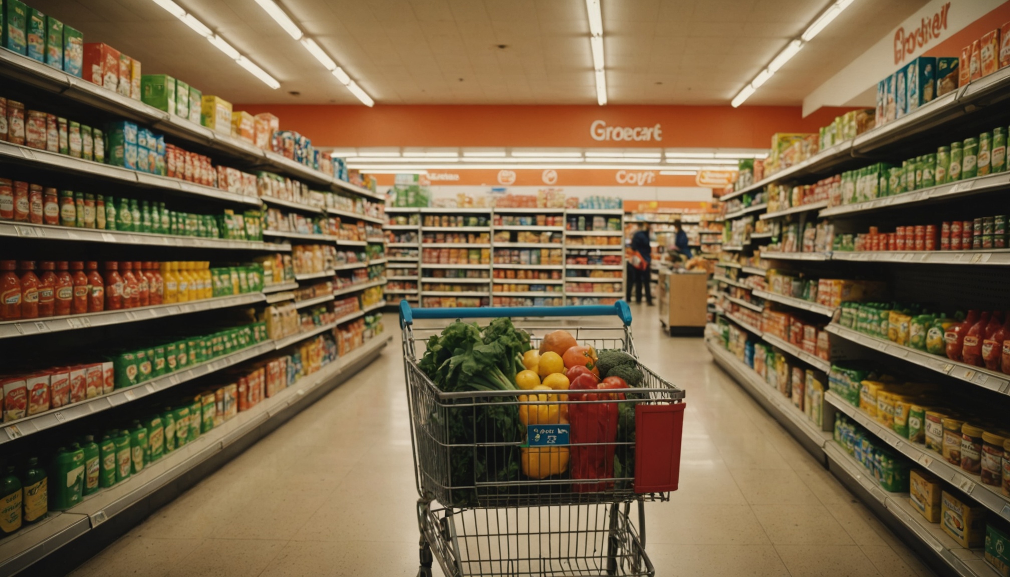 A shopping cart filled with fresh produce sits in the center of a grocery store aisle lined with packaged goods on both sides, with an orange ceiling sign reading "Groceart" and fluorescent lighting overhead.