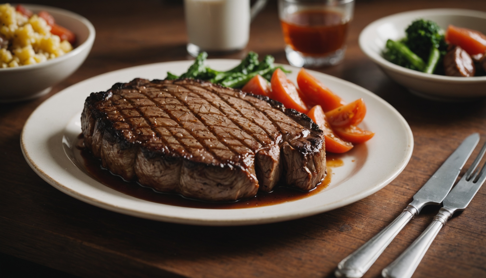 A cooked steak on a white plate with red bell pepper strips and green beans, accompanied by place settings and side dishes including corn and broccoli on a wooden table.