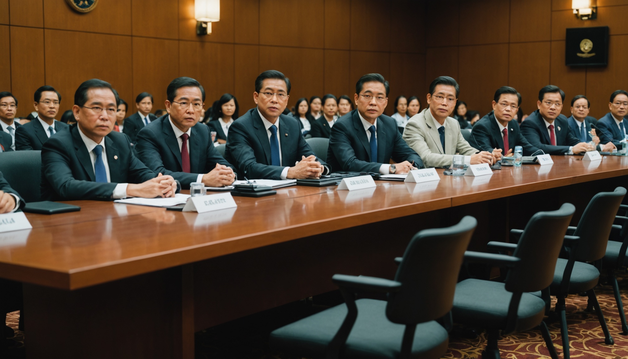 Formal meeting room with rows of seated officials in dark business suits at a long wooden conference table with name placards and water glasses, wood-paneled walls, recessed lighting, and a wall clock.