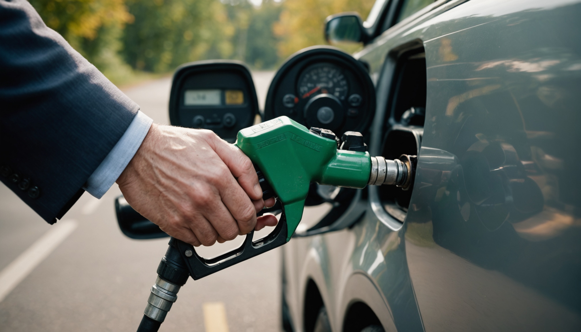 A hand in a blue jacket sleeve holds a green fuel pump nozzle inserted into a car's fuel door, with the vehicle's dashboard and forest background visible out of focus.