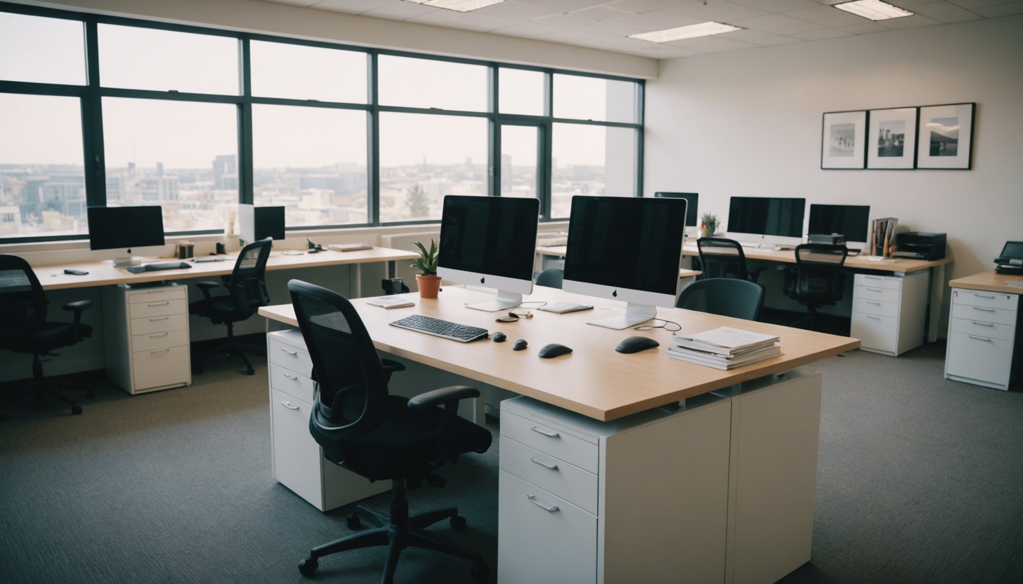 A modern office with light wood desks, black ergonomic chairs, computer monitors, and white storage cabinets arranged in rows, with expansive floor-to-ceiling windows overlooking a city skyline and framed artwork on the wall.