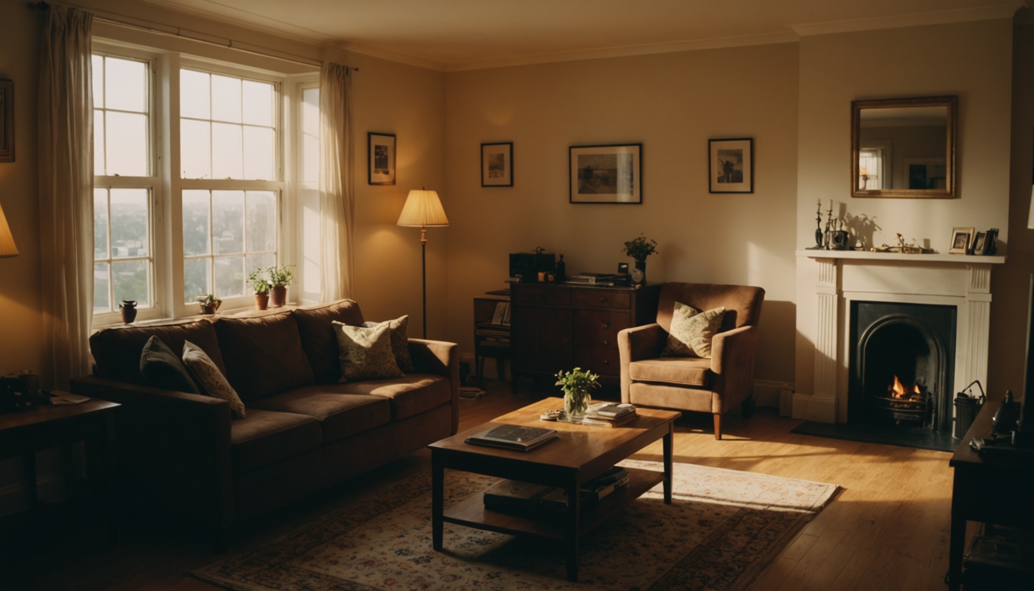 A warm, sunlit living room with a brown sofa and tan armchair arranged around a wooden coffee table, featuring framed artwork on cream walls, a fireplace with wine bottles on the mantel, large windows with curtains overlooking a city, and hardwood floors.