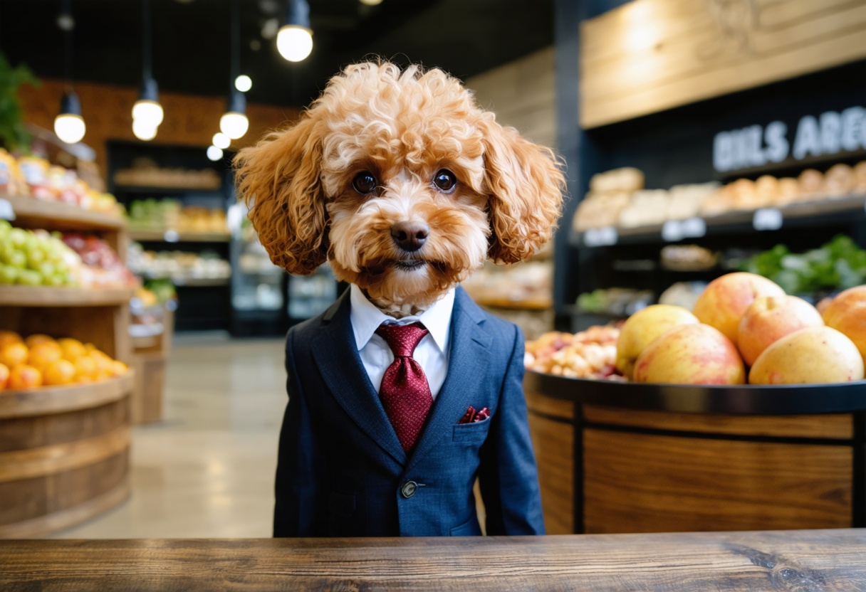 A brown and white curly-haired dog in a dark blue blazer, white dress shirt, and burgundy tie stands at a wooden counter in a grocery store with shelves of fresh produce and warm overhead lighting visible in the background.