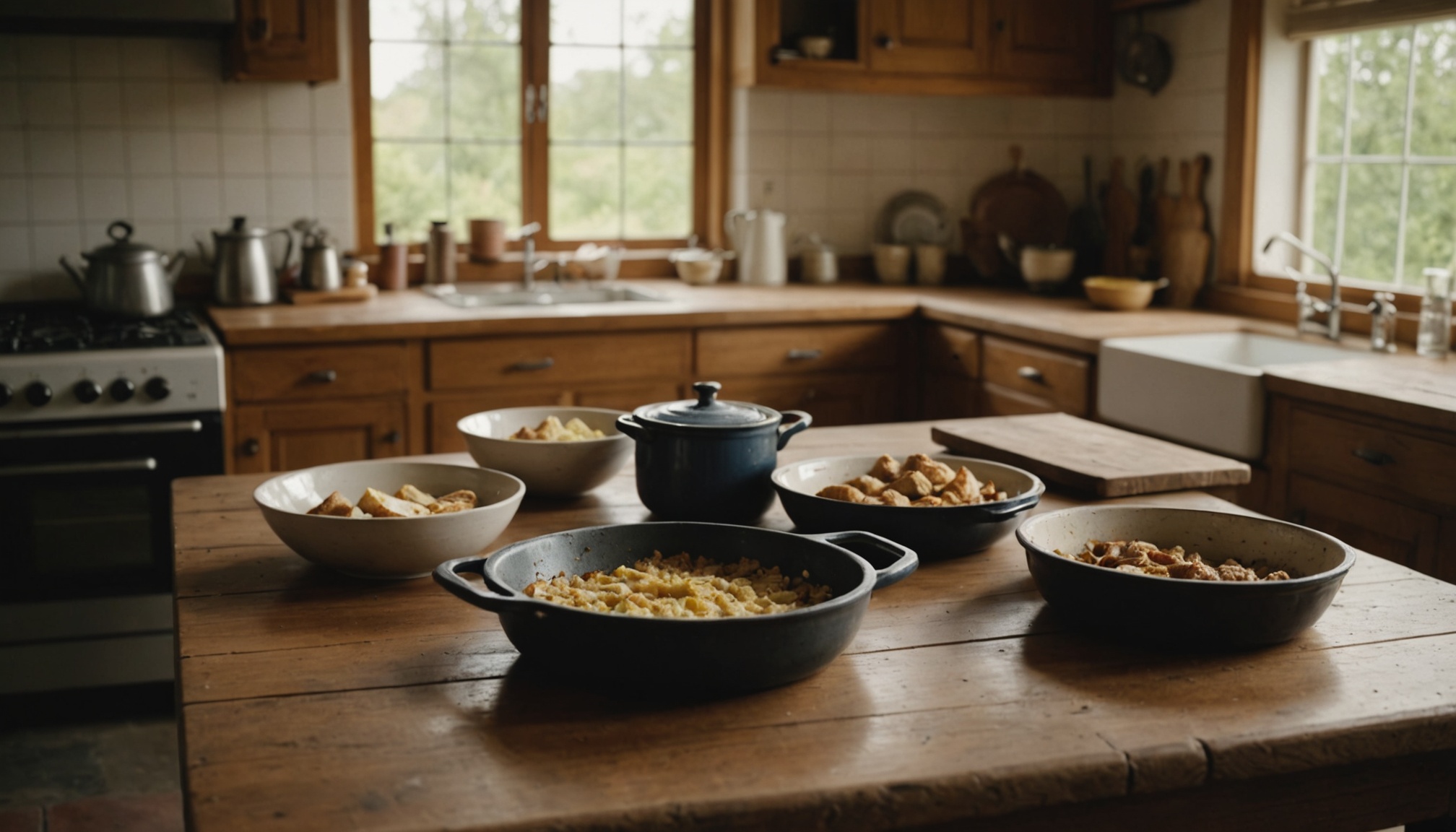 A rustic kitchen with wooden cabinets and white tile backsplash displays several cast iron cookware pieces filled with food on a wooden island counter, with windows overlooking greenery in the background.