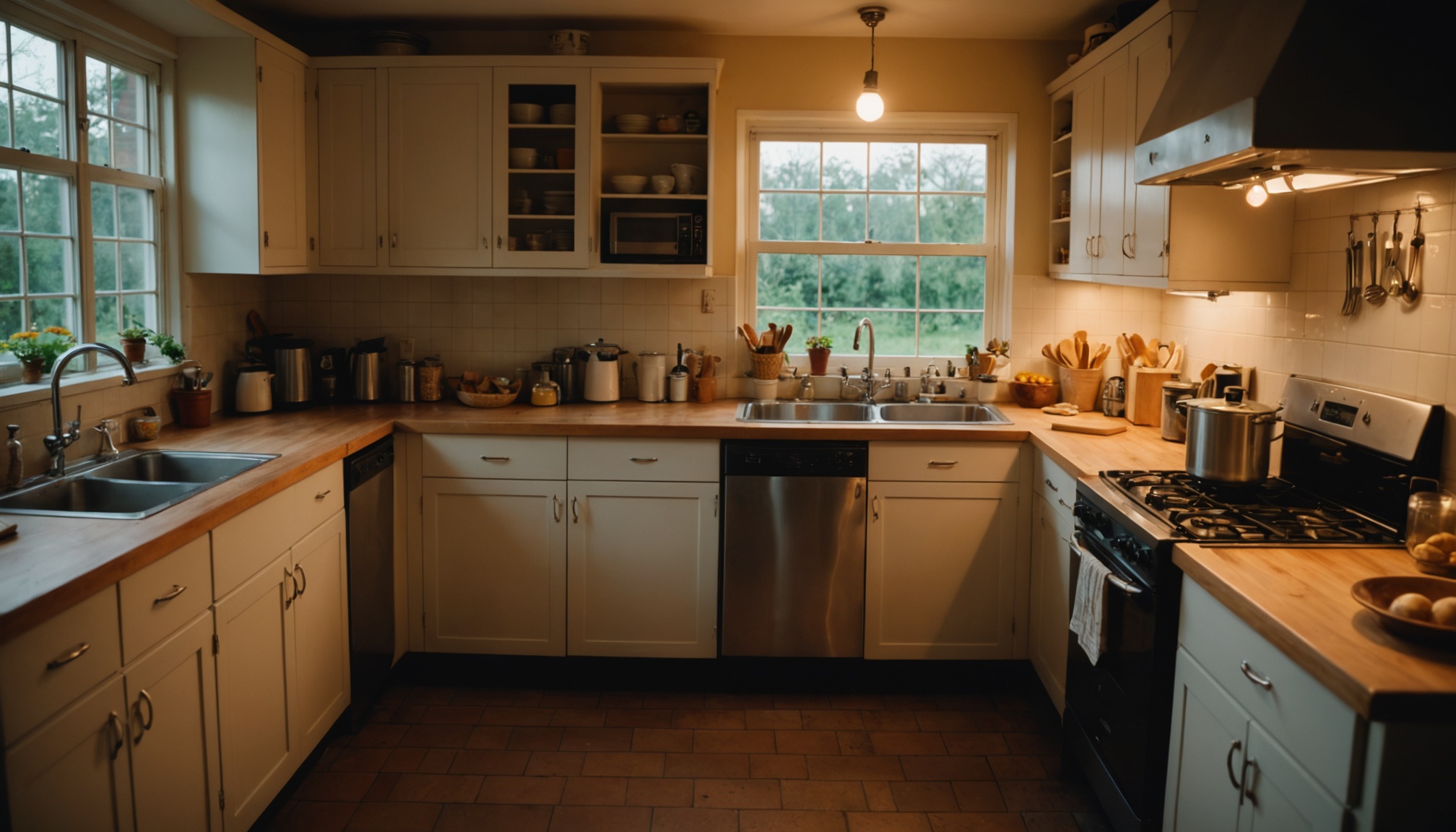A bright kitchen with cream-colored cabinets, wood countertops, and stainless steel appliances arranged in a U-shape, with large windows overlooking green landscape, pendant lighting, and kitchen utensils and containers on counters and walls.