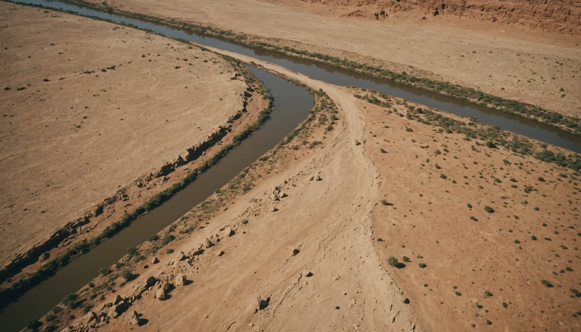 Aerial view of a winding irrigation canal with murky brown water cutting through arid, sandy terrain dotted with sparse vegetation and rocky outcrops.