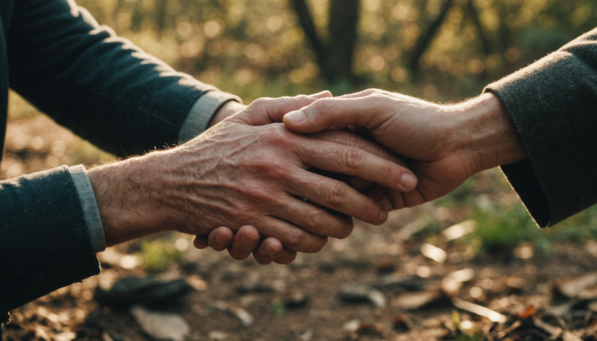 Two people in dark long-sleeved shirts shake hands outdoors on rocky ground with blurred trees and dappled sunlight in the background.