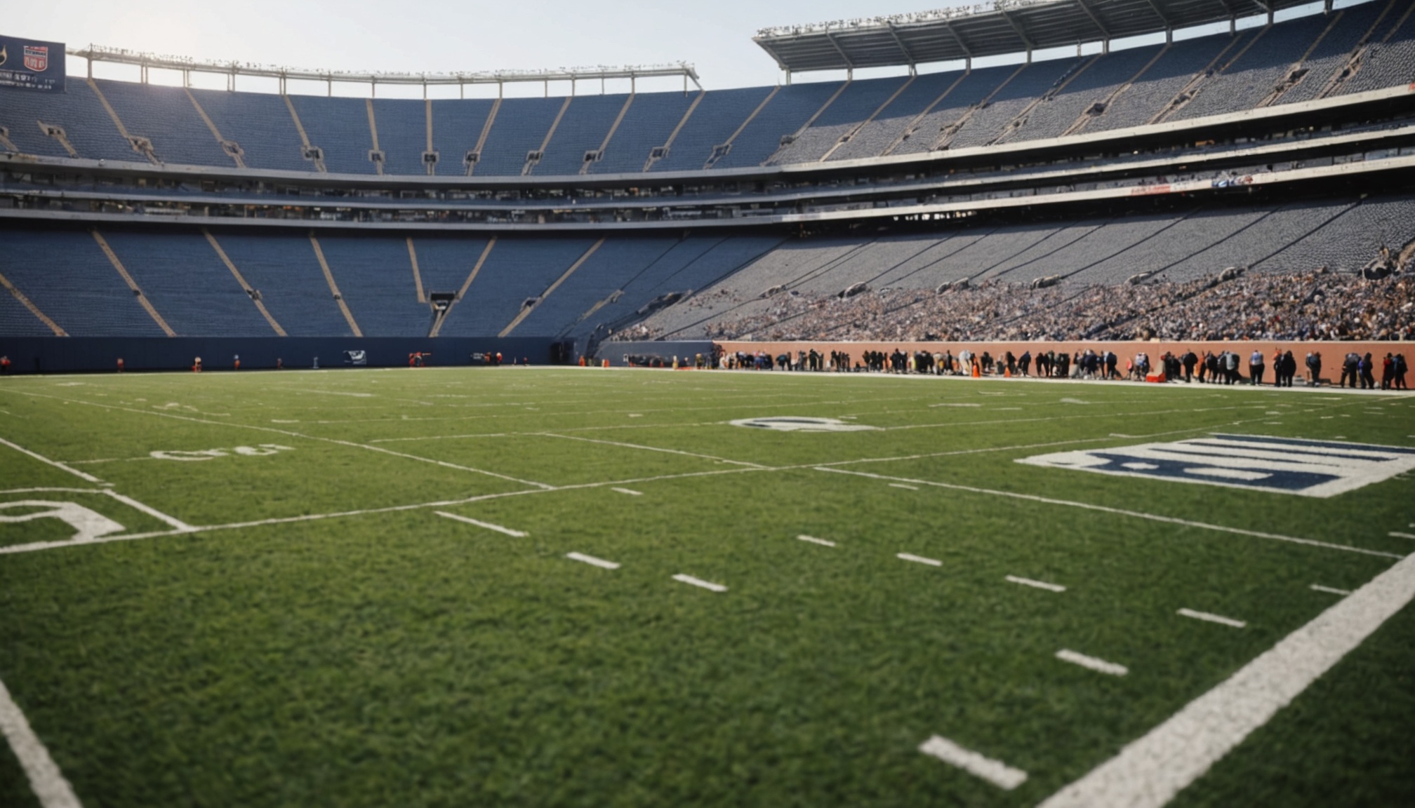 View from field level of a large football stadium with blue and yellow seating sections, green playing field with yard line markings, a team logo visible on the turf, crowds gathered along the sideline, and metal stadium structure visible above.