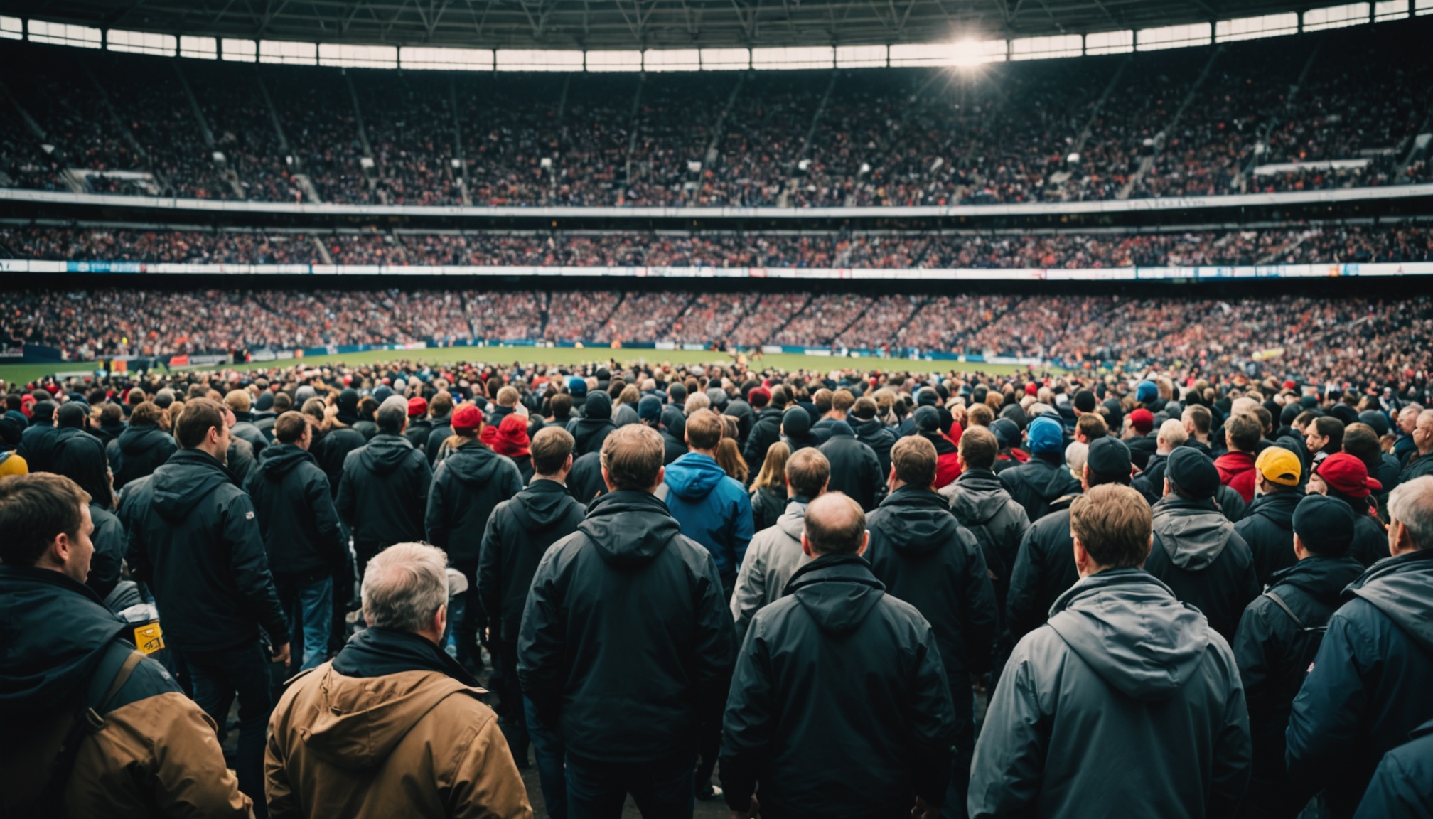 Large crowds of spectators fill a football stadium with green pitch and bright floodlights, viewed from behind the standing supporters wearing winter jackets.