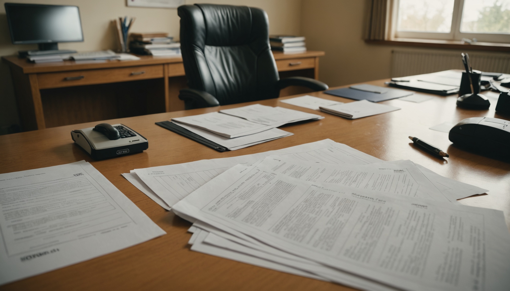 Wooden conference table with scattered documents and papers in an office setting, black leather chair positioned behind, wooden desk with computer monitor visible in background, windows along beige wall on right.