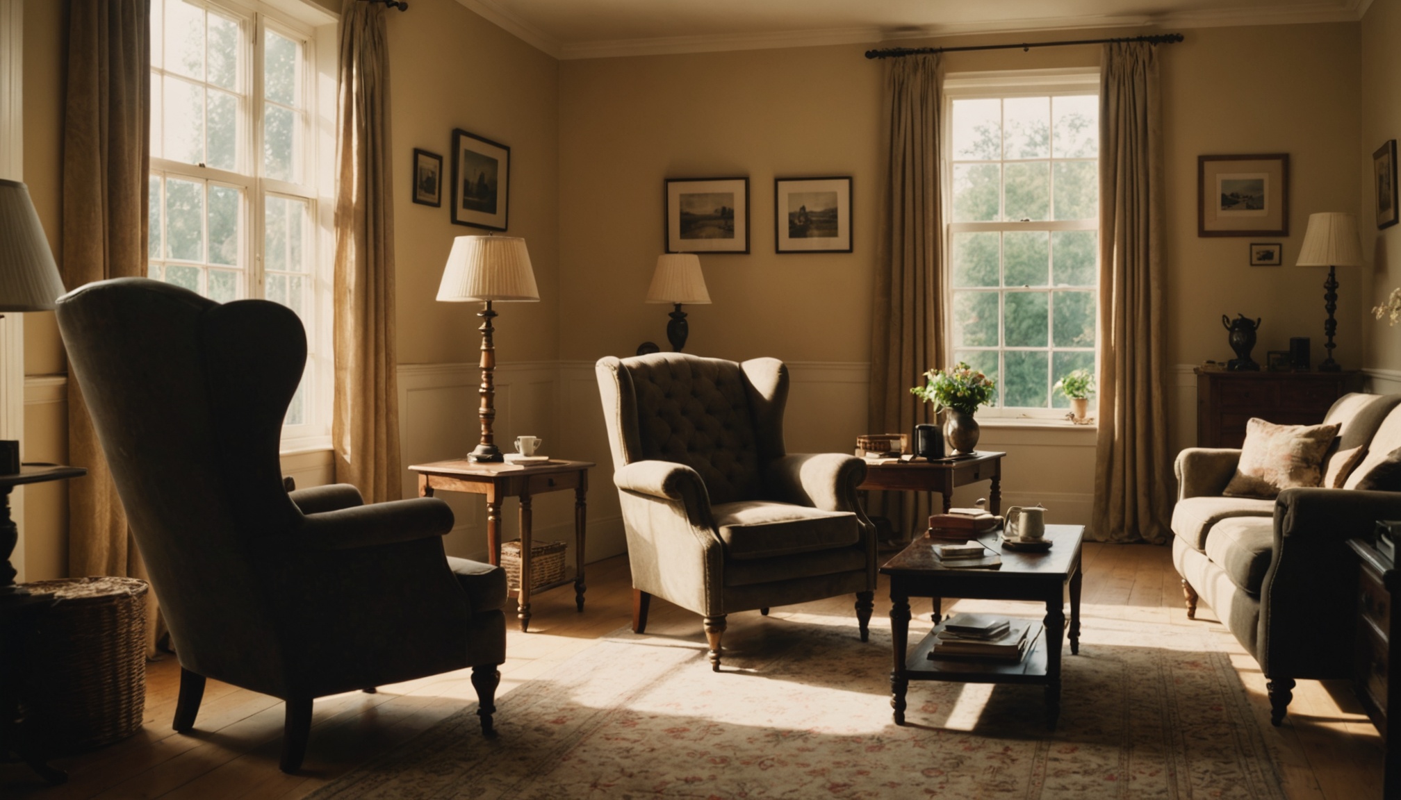 A traditional living room with tan walls, wing-back chairs in black and cream upholstery, framed artwork above a sofa, two large windows with tan curtains, wooden side tables with lamps, a dark coffee table, and hardwood flooring with an area rug.