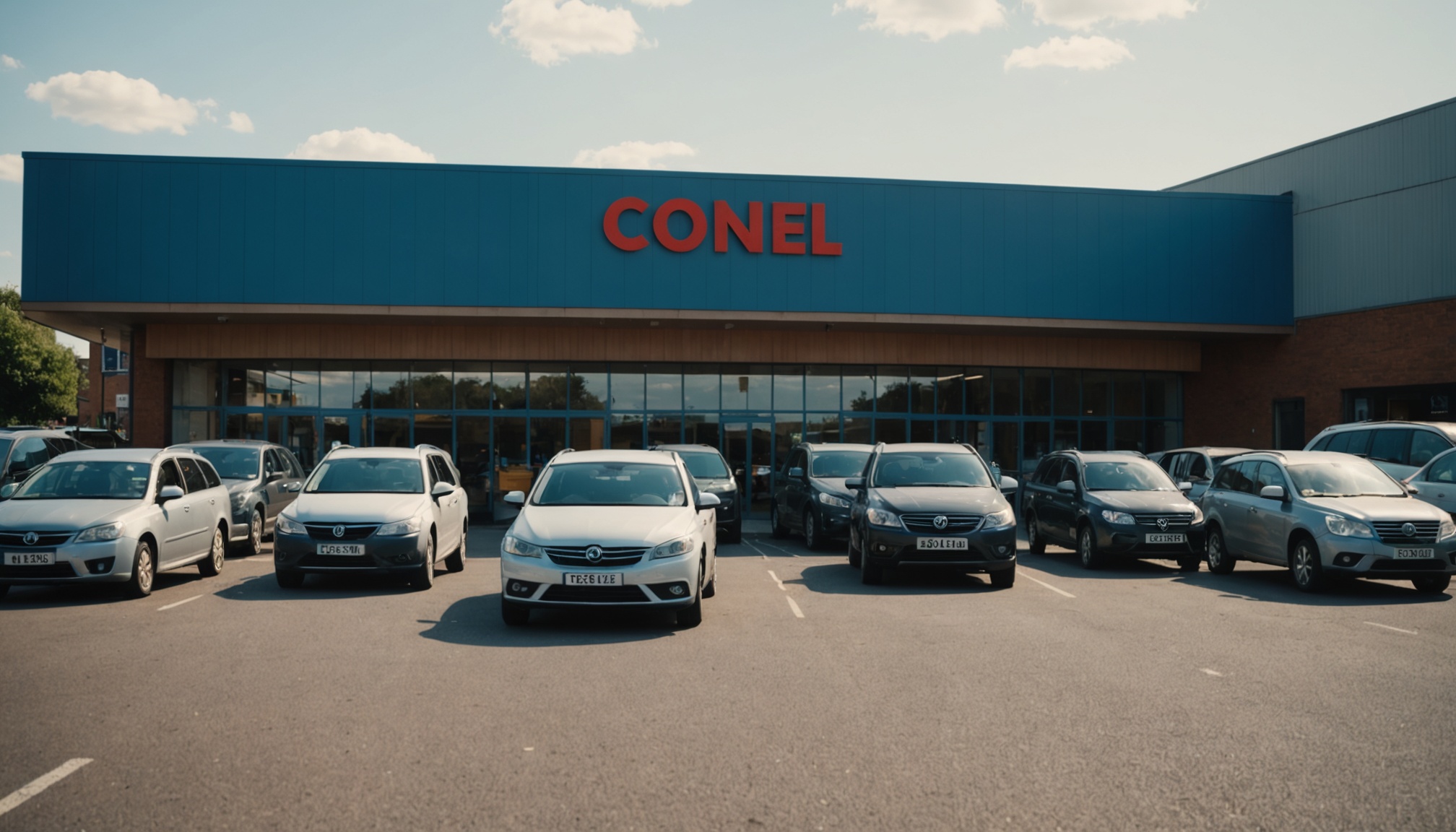 A row of parked white and dark-colored Vauxhall vehicles in a lot facing a brown brick building with a teal blue signage panel, blue-tinted windows, and trees visible in the background under a partly cloudy sky.
