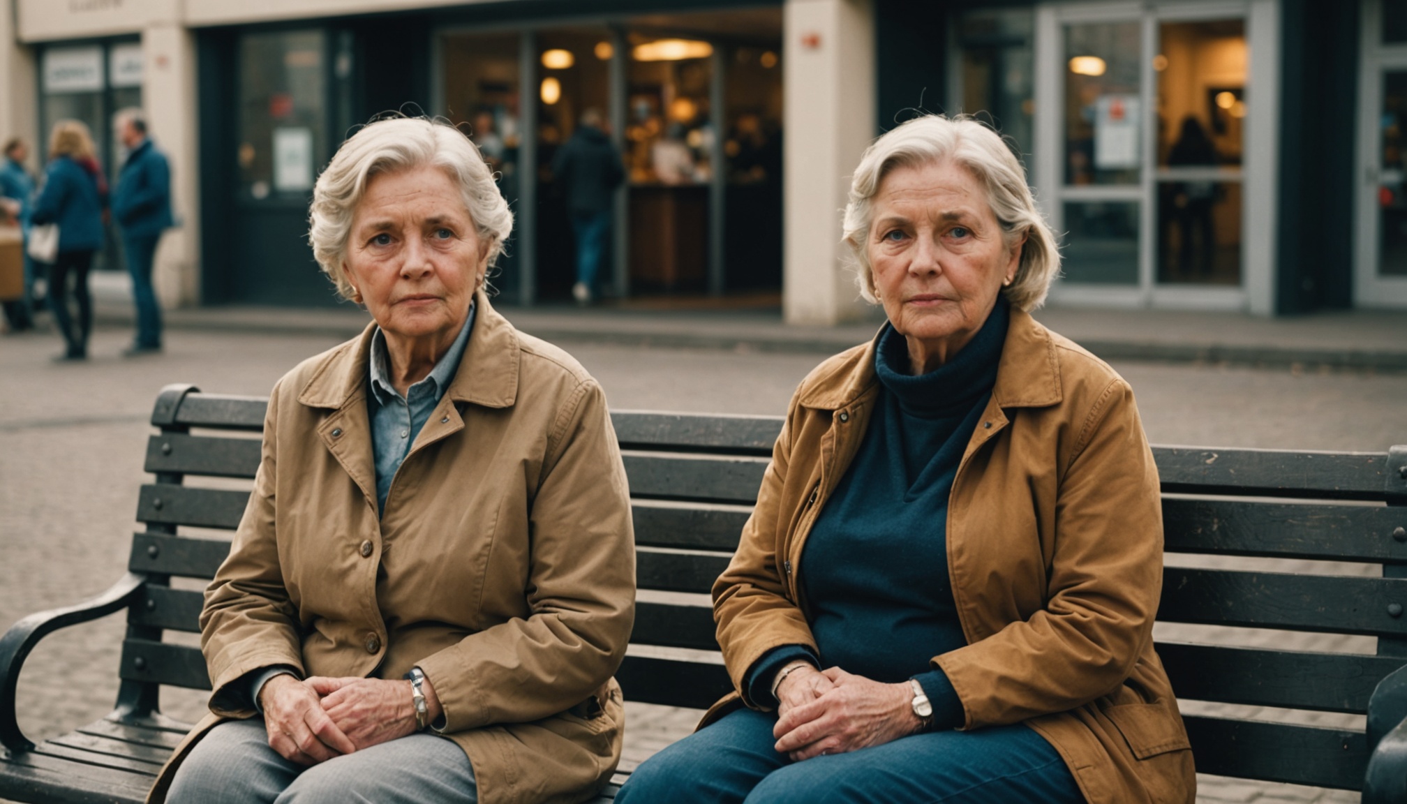 Two elderly women with white hair wearing tan jackets and dark turtlenecks sit on adjacent black benches facing the camera on a city street, with storefronts and pedestrians visible behind them.