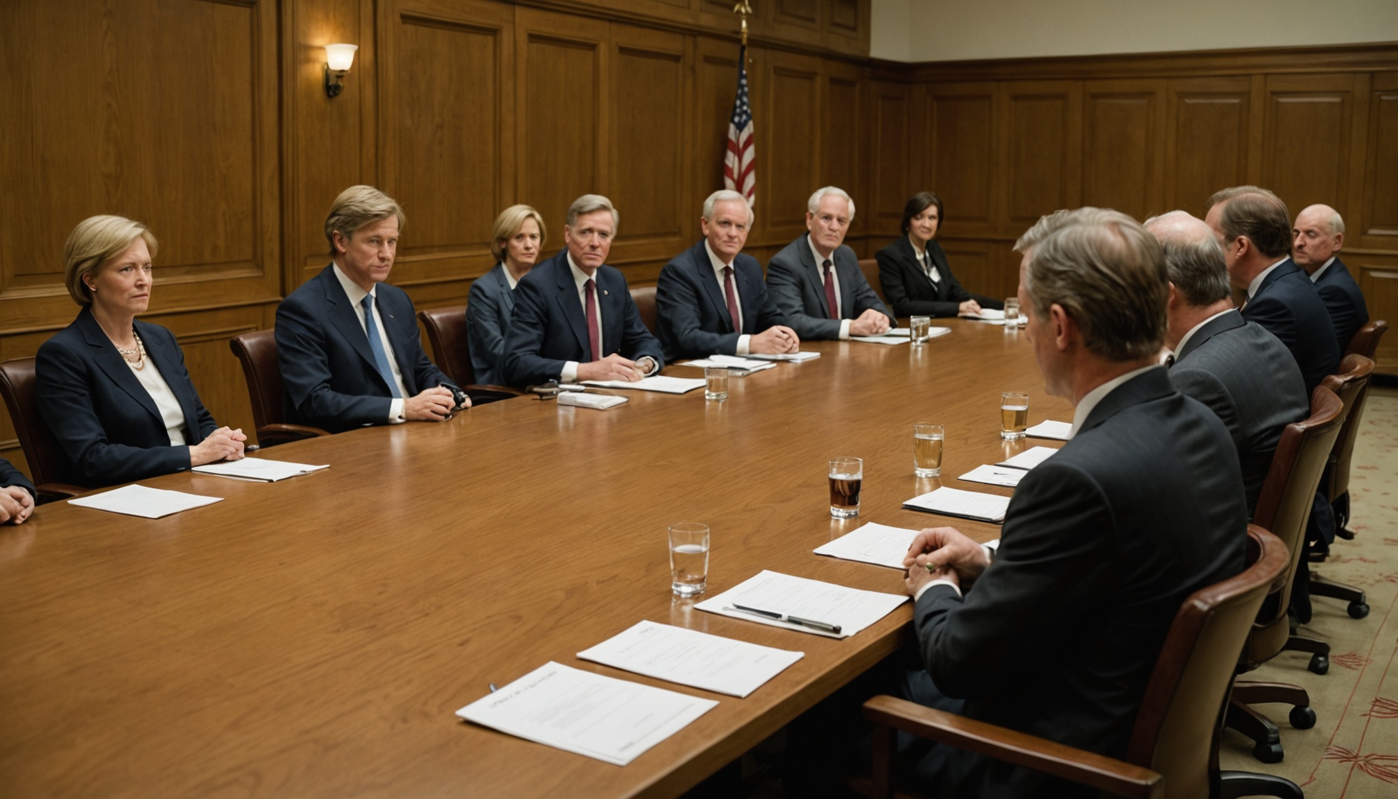Professional men and women in business suits seated around a wooden conference table in a wood-paneled room with an American flag, with papers and water glasses in front of them.