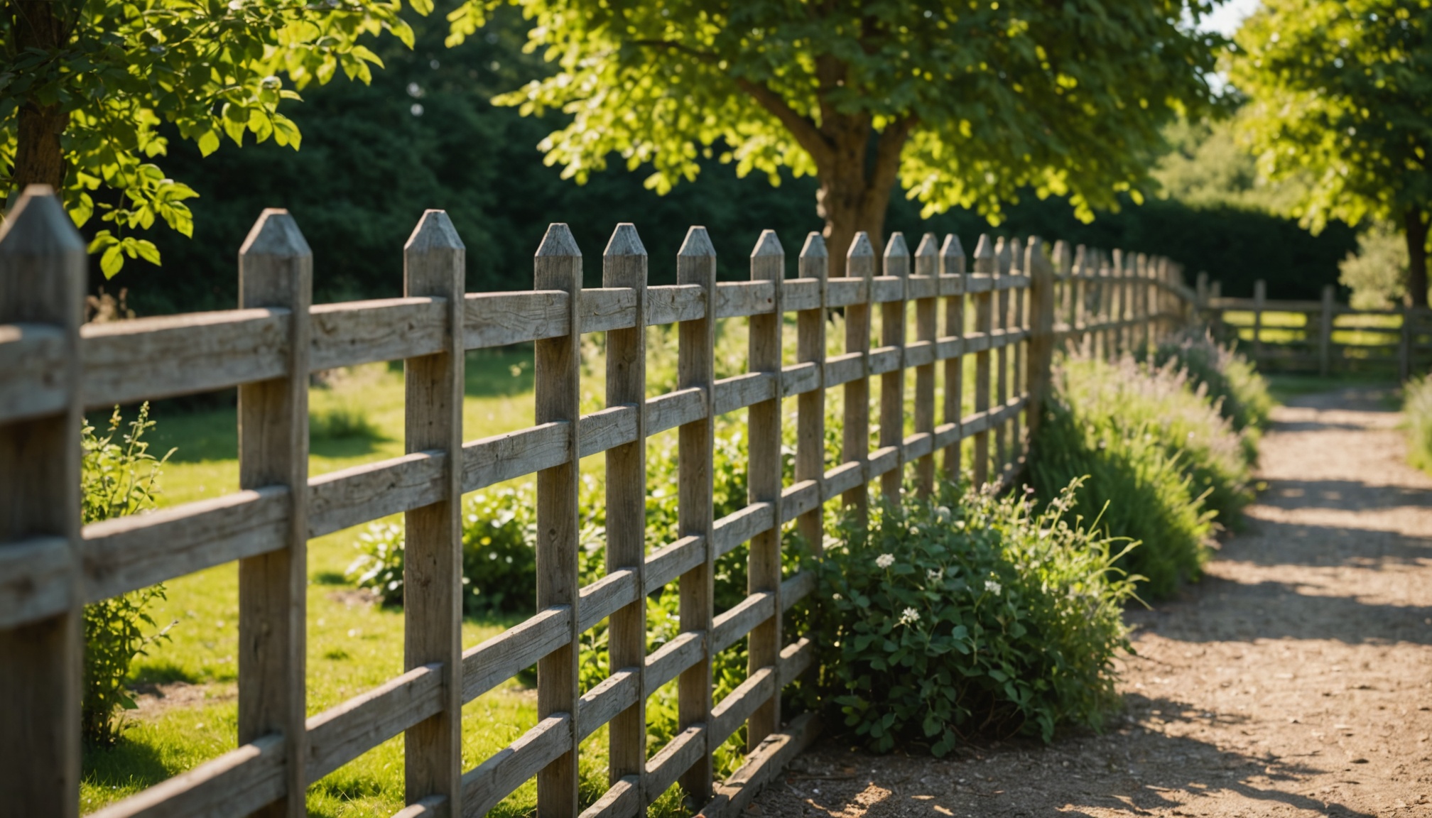 A wooden picket fence with pointed tops runs along a tree-lined path with green lawn on one side and a dirt road on the other, dappled with sunlight filtered through bright yellow-green foliage overhead.