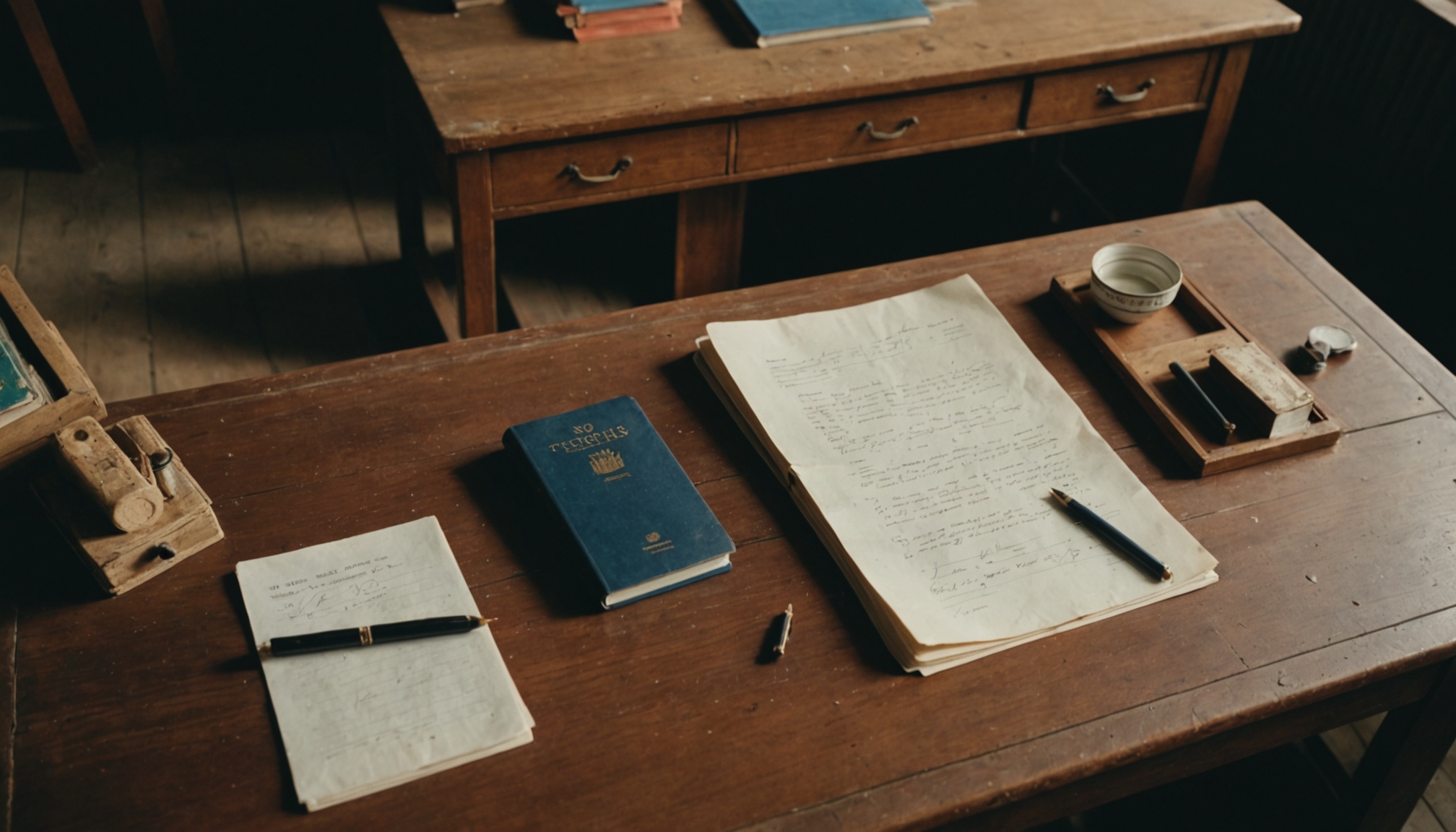 A wooden desk with scattered writing materials including handwritten documents, a blue notebook, ink bottles, a pen, and a wooden desk organizer, with a larger wooden desk with drawers visible in the background.
