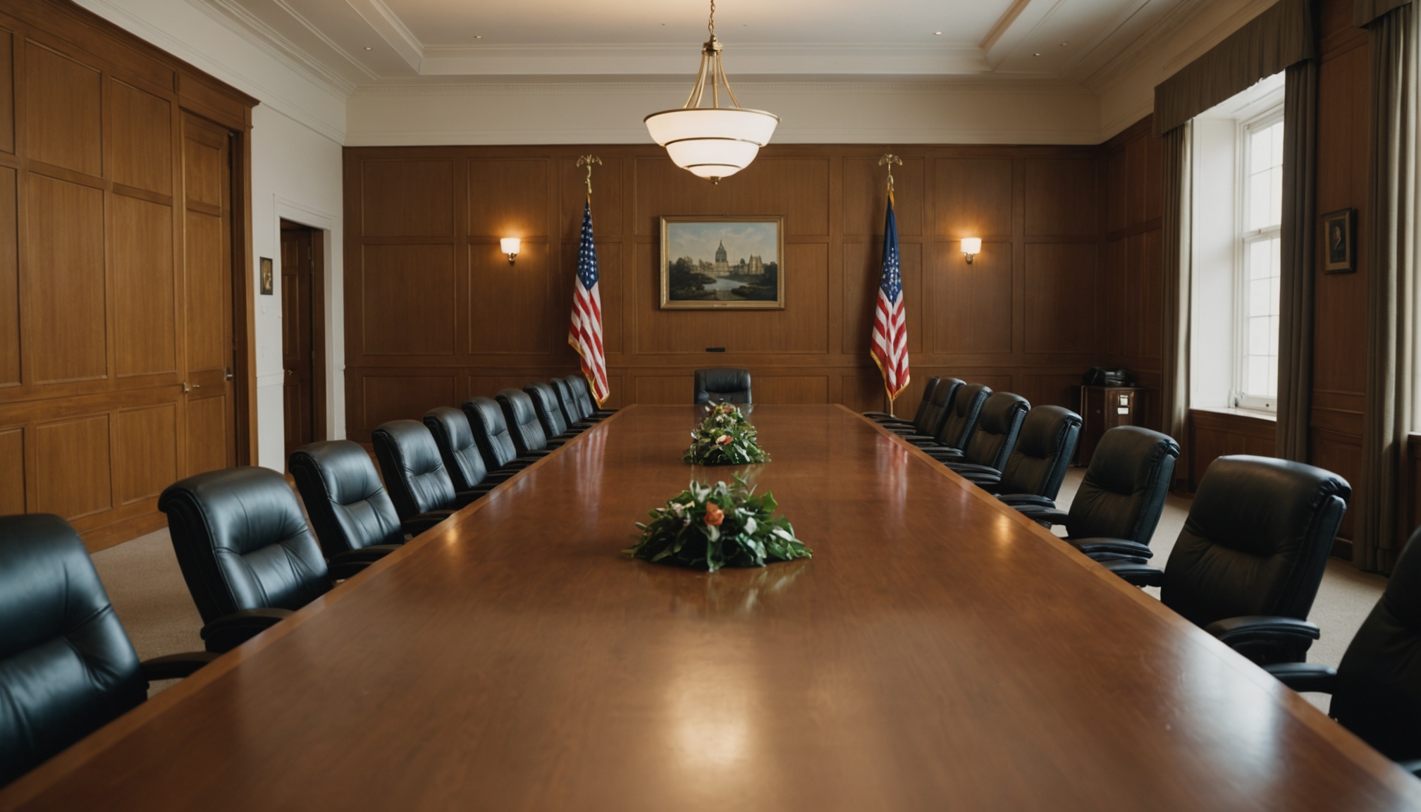 A formal conference room with wood-paneled walls features a long wooden table flanked by black leather chairs, two American flags, a central floral arrangement, a landscape painting above, and a pendant light overhead.