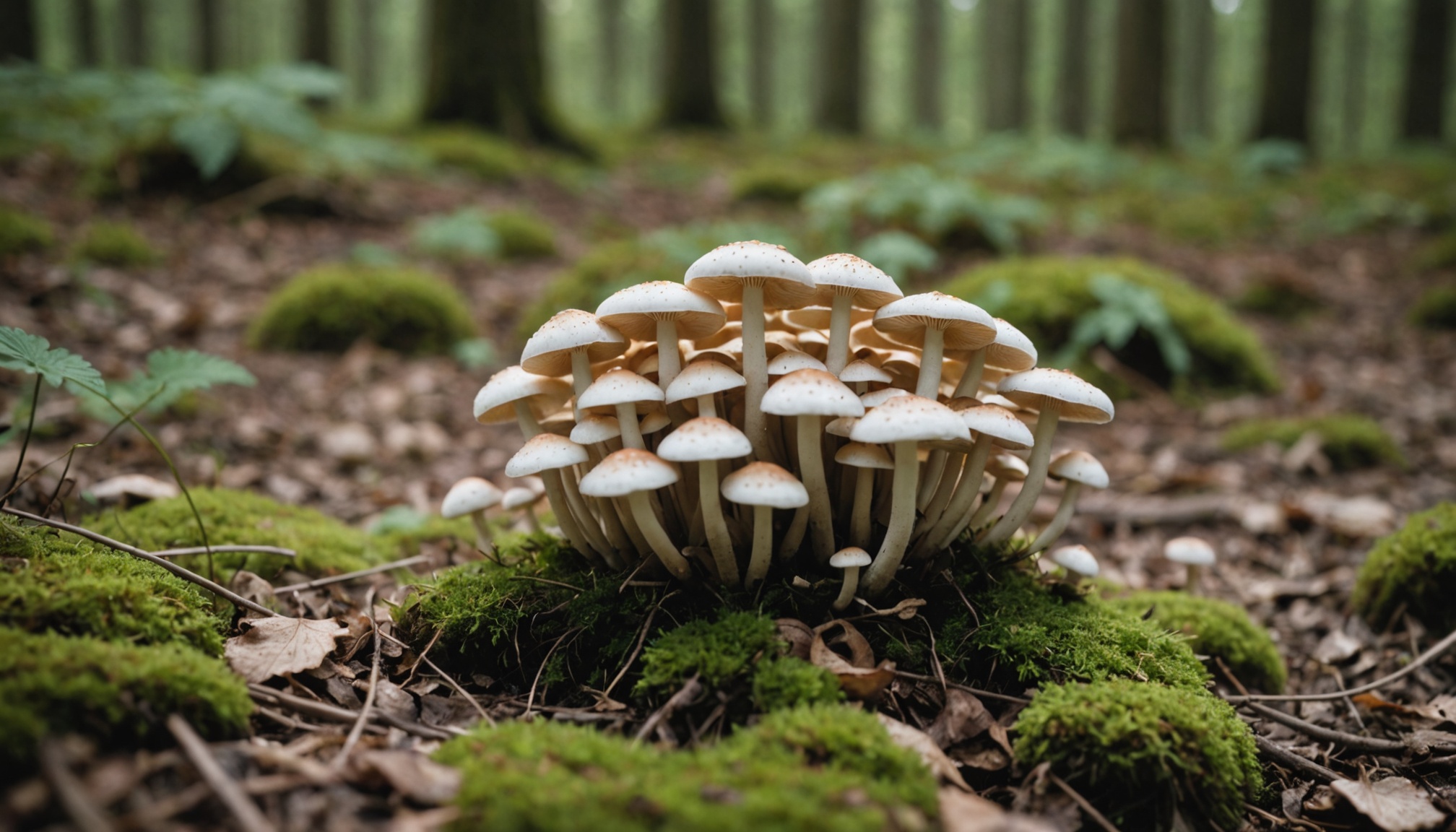 A cluster of small white-capped mushrooms with pale tan stems growing on moss-covered ground in a forest, with blurred tree trunks and forest floor debris in the background.