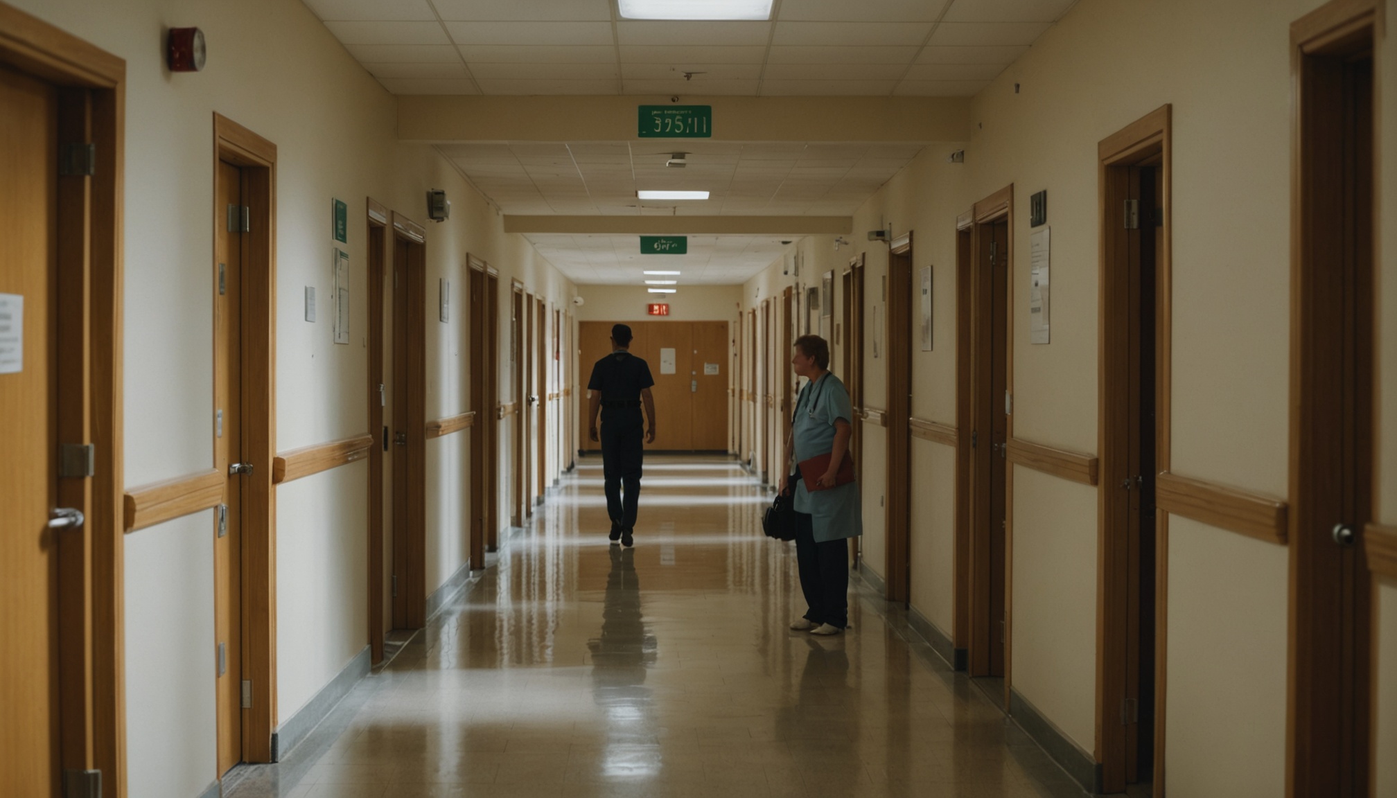 A long institutional hallway with beige walls, wooden doors on both sides, fluorescent ceiling lights, and two people walking in the distance, with green exit signs and various posted notices visible overhead.