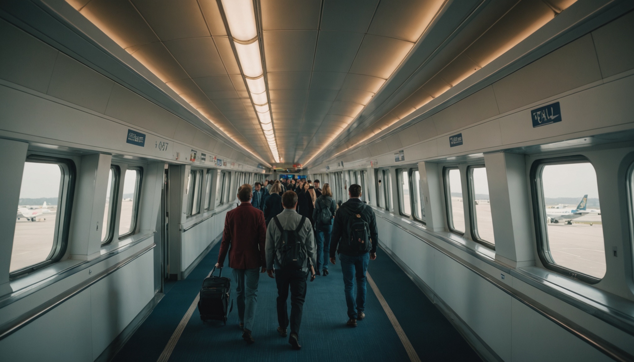 Interior of an airport terminal tunnel with passengers walking toward the camera, rows of windows on both sides showing aircraft outside, fluorescent ceiling lights, and signage visible on the walls.