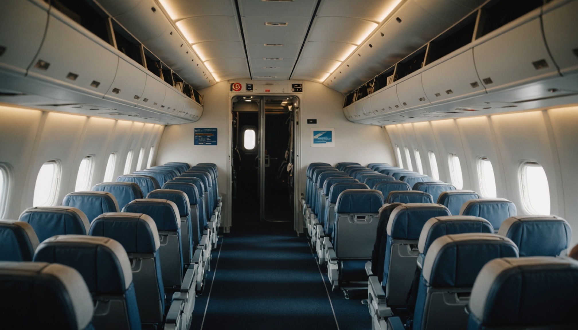 Interior of an airplane cabin with two rows of blue and beige seats extending toward the cockpit, illuminated by overhead lighting, with windows along both sides and a blue carpet aisle.