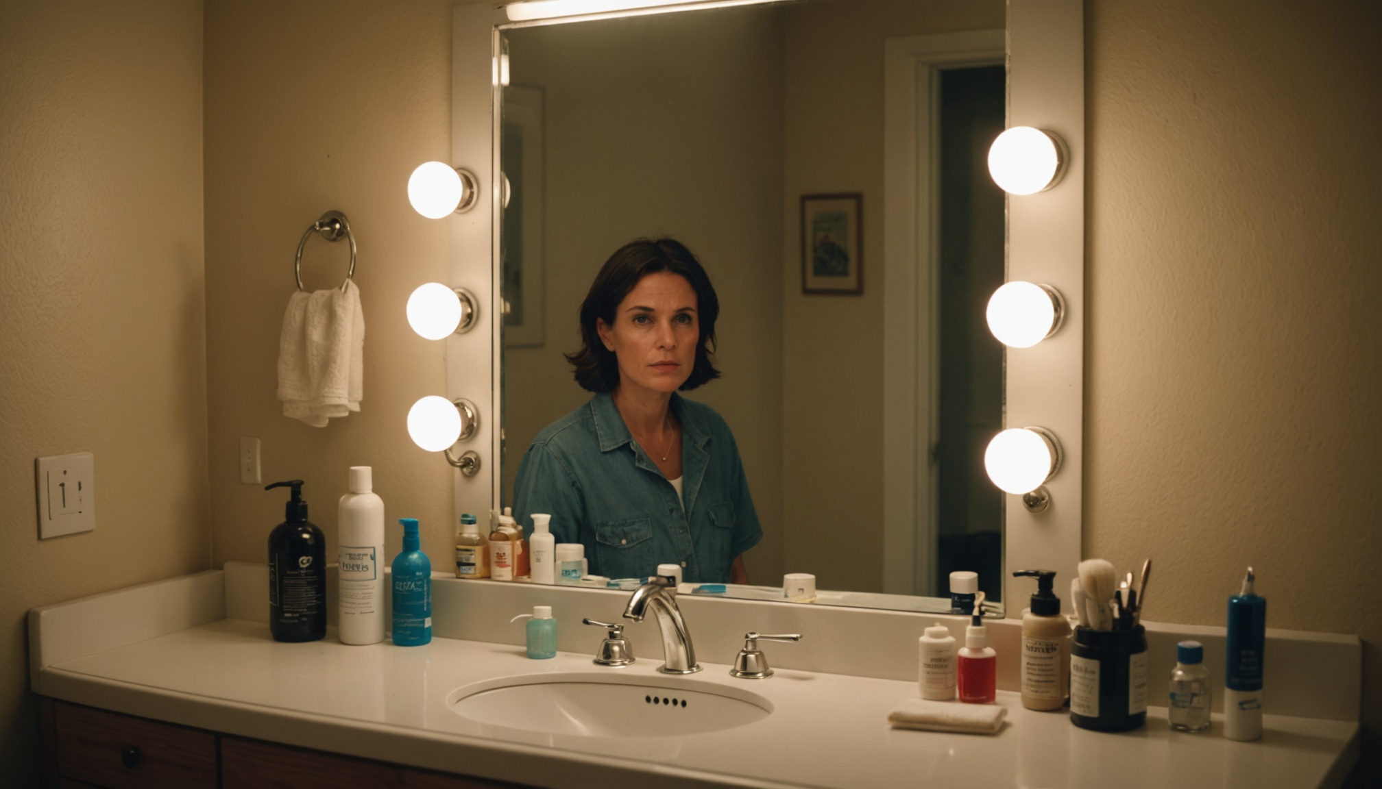 Woman in a teal shirt sits at a bathroom vanity with a lighted mirror, surrounded by various toiletries and cosmetic bottles.