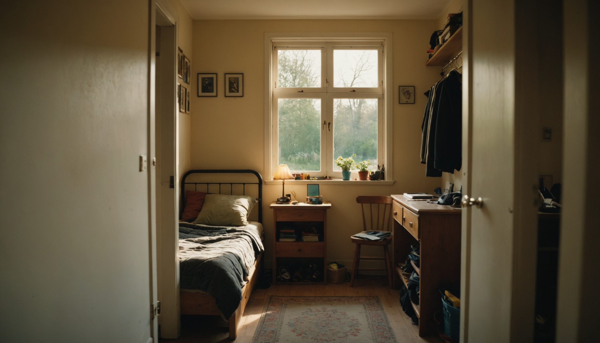 A bright, sunlit bedroom viewed from the doorway features a metal-framed bed on the left, a wooden desk and chair on the right beneath a large window overlooking trees, and clothing hanging on a rail above the desk.