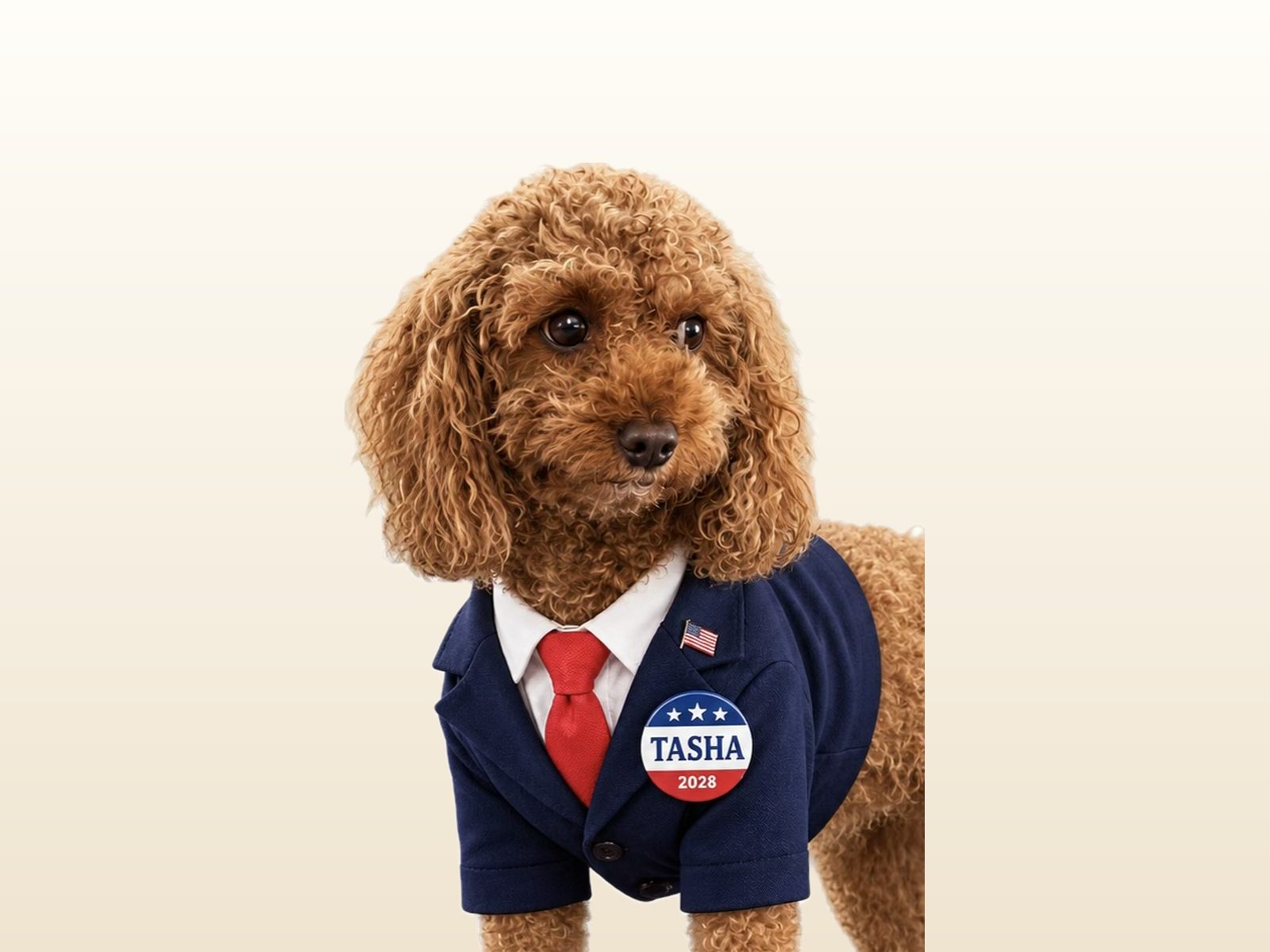 Tasha, a small red Goldendoodle, photographed head-on. The only real photograph on the site.